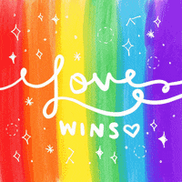 Text gif. Line art with diamonds and stars blinks on a pulsing rainbow background. Text, "Love wins."